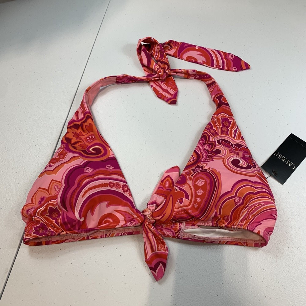 Lauren Ralph Lauren Women's Swim Bikini Top 8 Halter Pink Paisley Tie Front